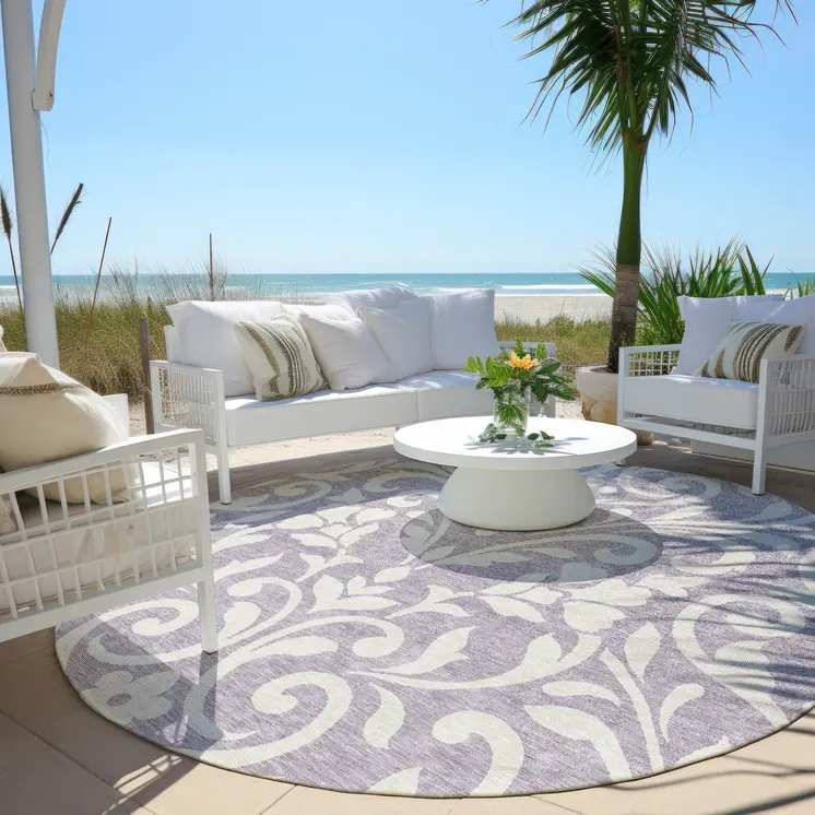 8' Lavender And Ivory Round Floral Washable Indoor Outdoor Area Rug