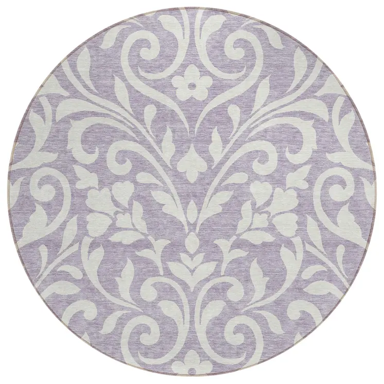 8' Lavender And Ivory Round Floral Washable Indoor Outdoor Area Rug