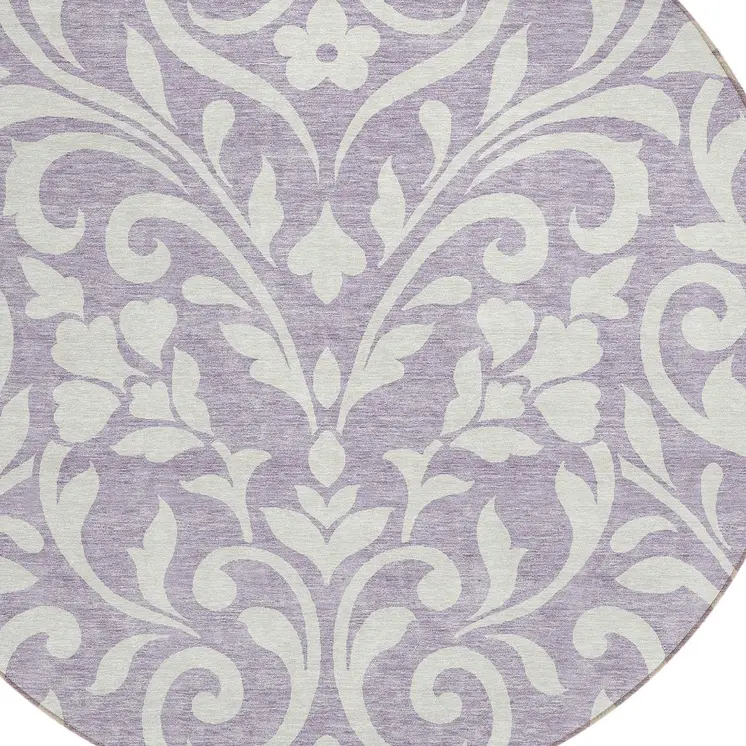 8' Lavender And Ivory Round Floral Washable Indoor Outdoor Area Rug