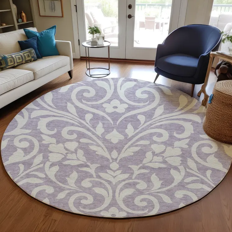 8' Lavender And Ivory Round Floral Washable Indoor Outdoor Area Rug