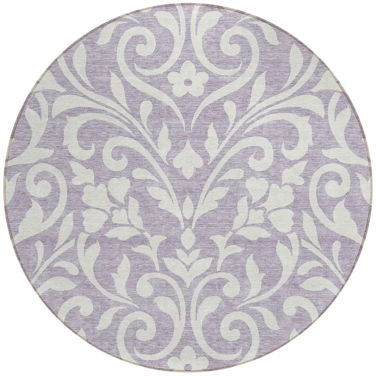 8' Lavender And Ivory Round Floral Washable Indoor Outdoor Area Rug