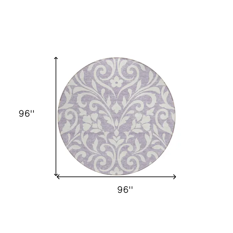 8' Lavender And Ivory Round Floral Washable Indoor Outdoor Area Rug