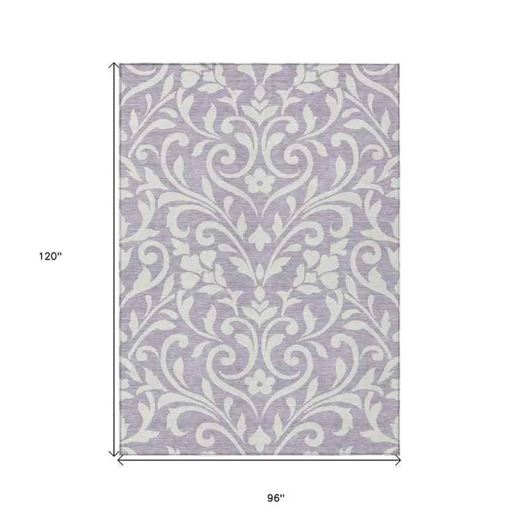 8' X 10' Lavender And Ivory Floral Washable Indoor Outdoor Area Rug