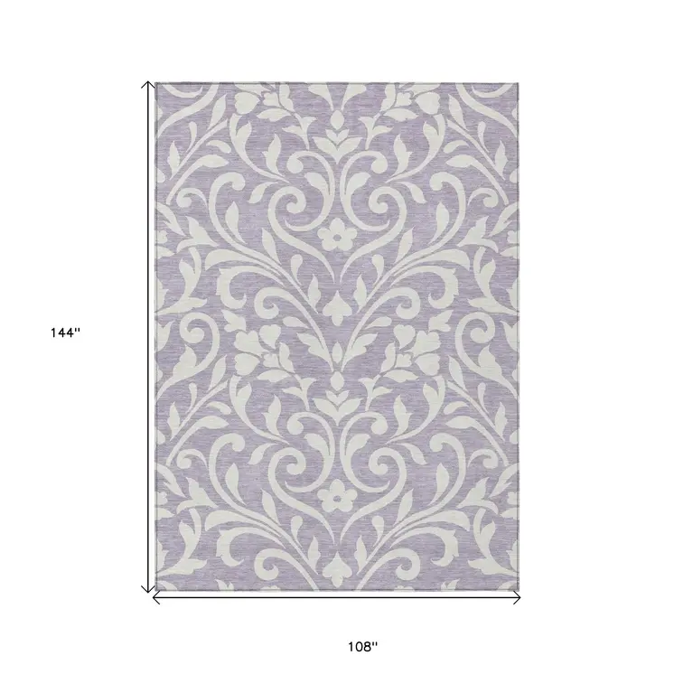 9' X 12' Lavender And Ivory Floral Washable Indoor Outdoor Area Rug