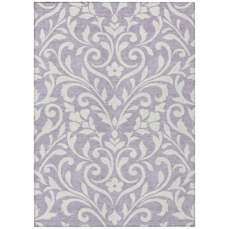 9' X 12' Lavender And Ivory Floral Washable Indoor Outdoor Area Rug
