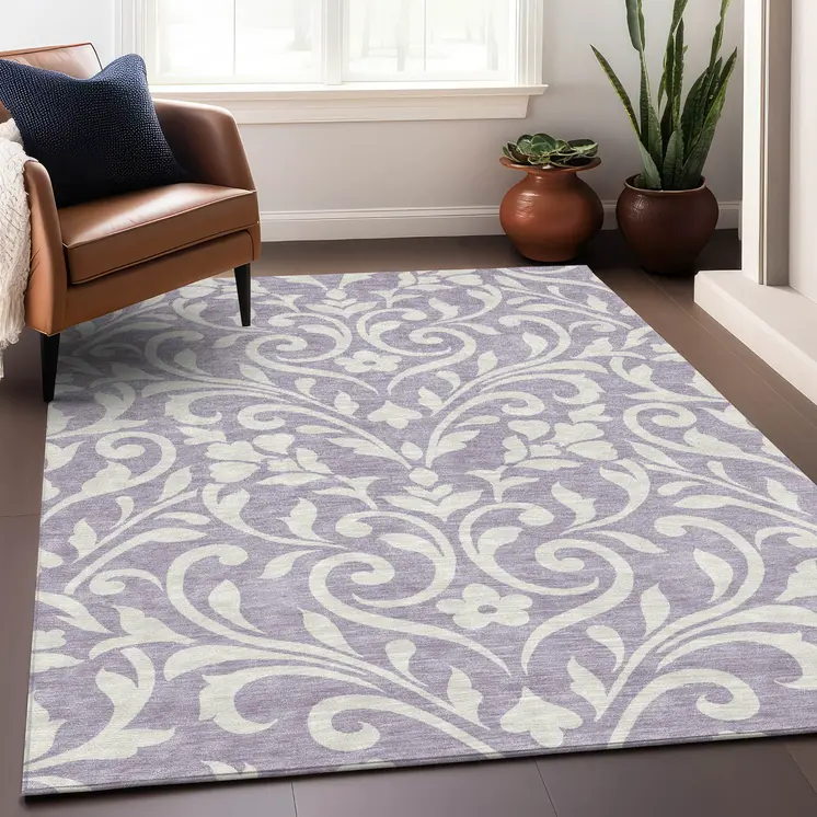 9' X 12' Lavender And Ivory Floral Washable Indoor Outdoor Area Rug