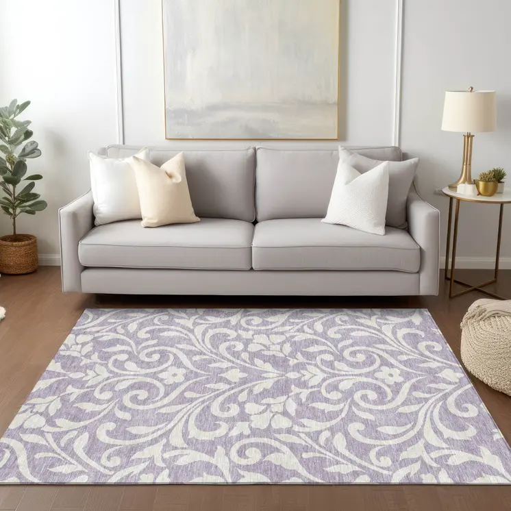 10' X 14' Lavender And Ivory Floral Washable Indoor Outdoor Area Rug
