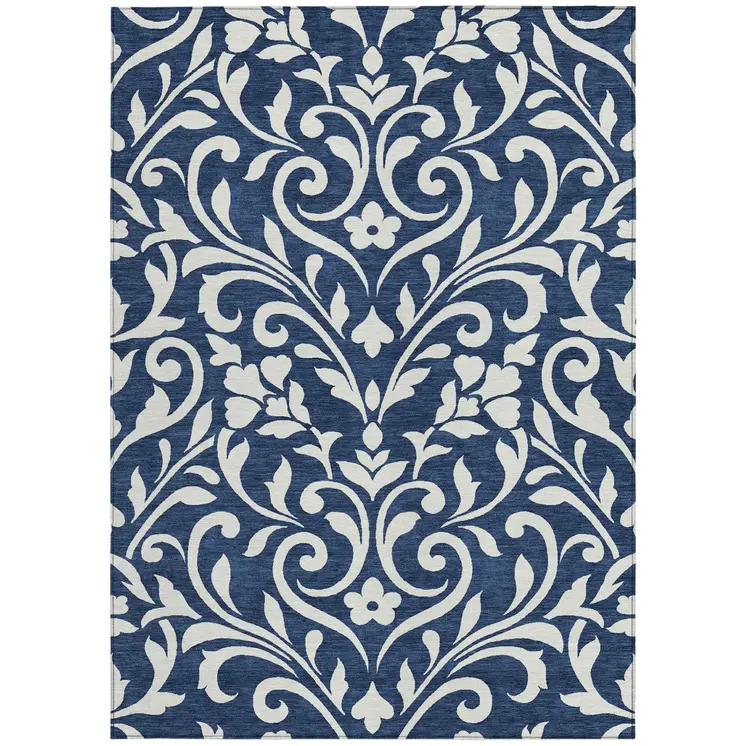 3' X 5' Navy Blue And Ivory Floral Washable Indoor Outdoor Area Rug
