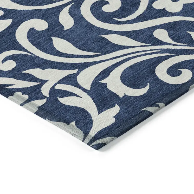 5' X 8' Navy Blue And Ivory Floral Washable Indoor Outdoor Area Rug