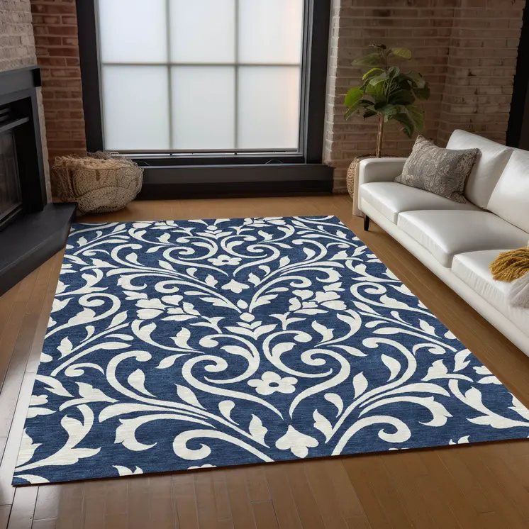 5' X 8' Navy Blue And Ivory Floral Washable Indoor Outdoor Area Rug