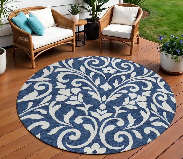 8' Navy Blue And Ivory Round Floral Washable Indoor Outdoor Area Rug