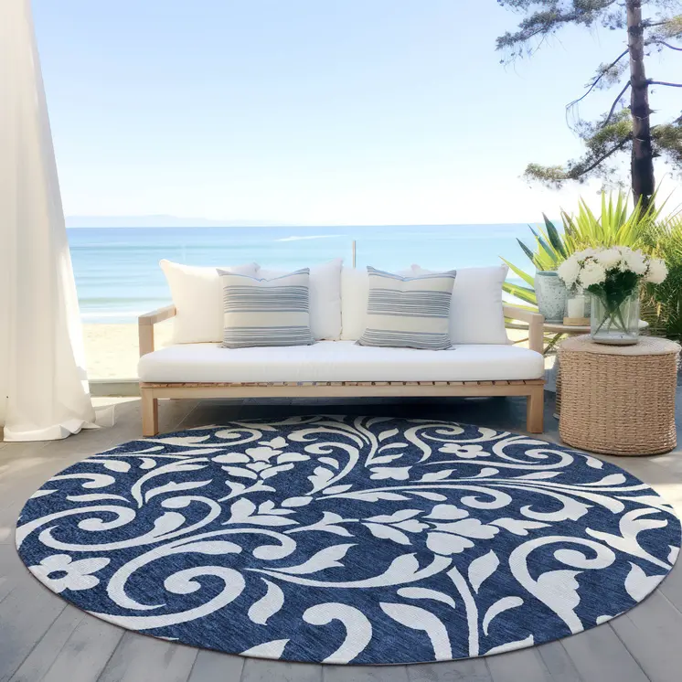 8' Navy Blue And Ivory Round Floral Washable Indoor Outdoor Area Rug