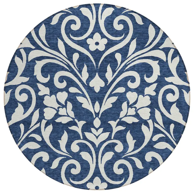 8' Navy Blue And Ivory Round Floral Washable Indoor Outdoor Area Rug