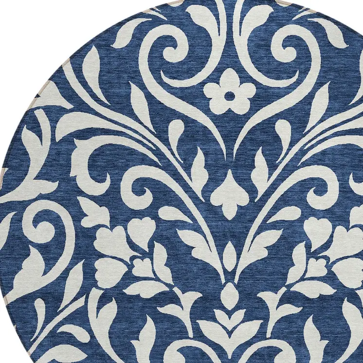 8' Navy Blue And Ivory Round Floral Washable Indoor Outdoor Area Rug