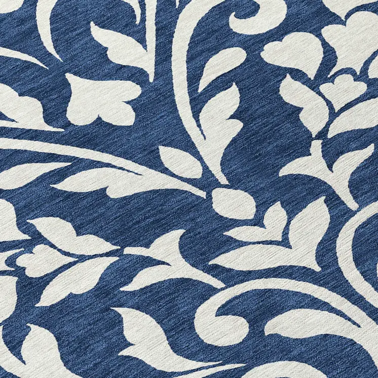 8' Navy Blue And Ivory Round Floral Washable Indoor Outdoor Area Rug