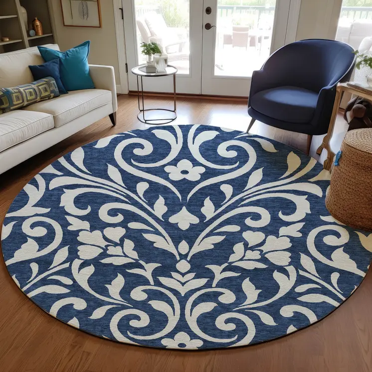 8' Navy Blue And Ivory Round Floral Washable Indoor Outdoor Area Rug