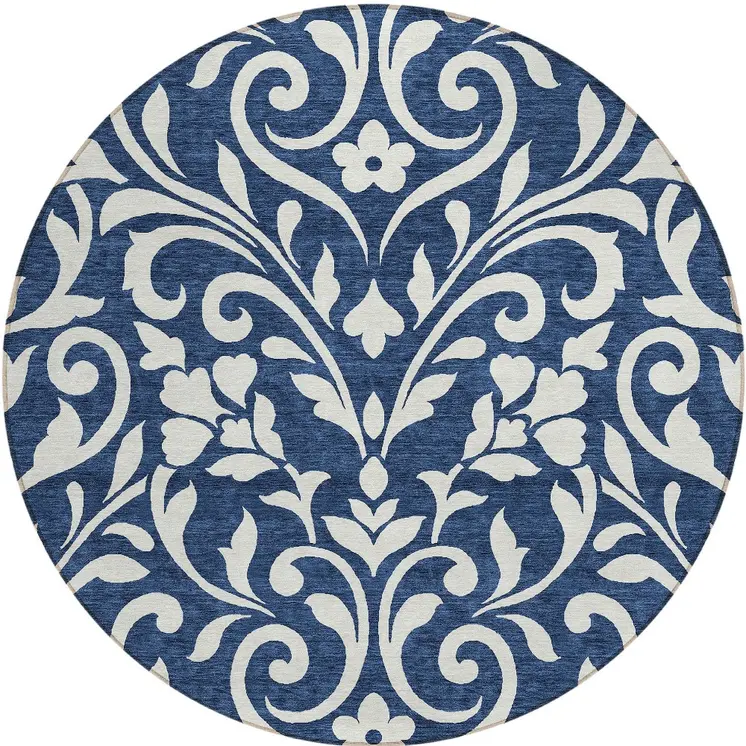 8' Navy Blue And Ivory Round Floral Washable Indoor Outdoor Area Rug