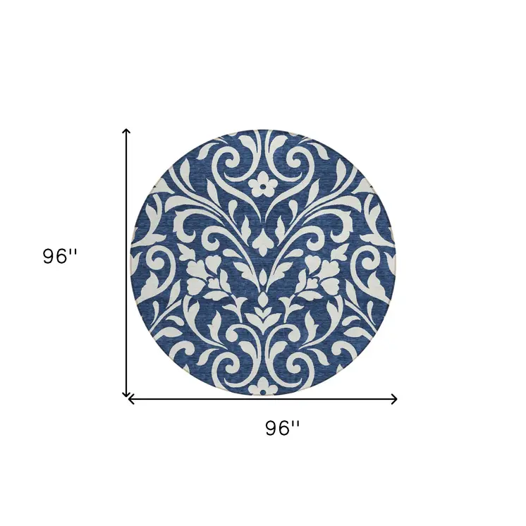 8' Navy Blue And Ivory Round Floral Washable Indoor Outdoor Area Rug