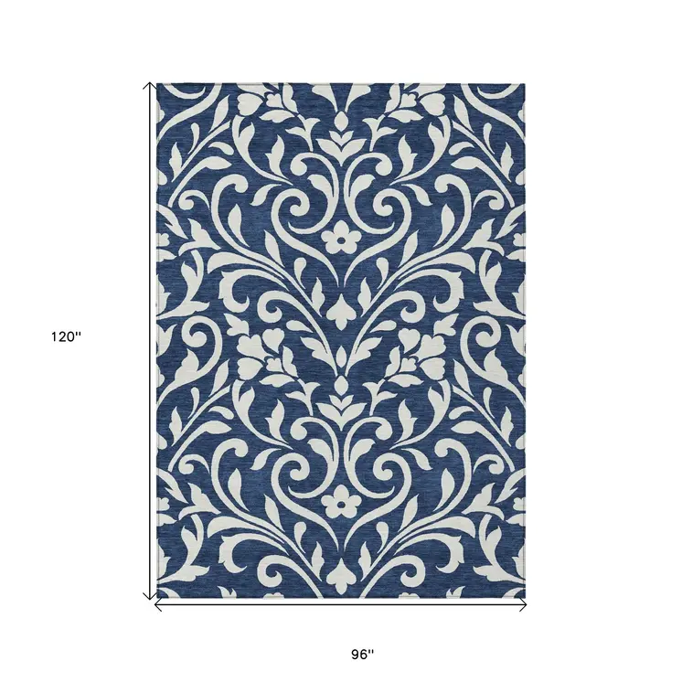 8' X 10' Navy Blue And Ivory Floral Washable Indoor Outdoor Area Rug