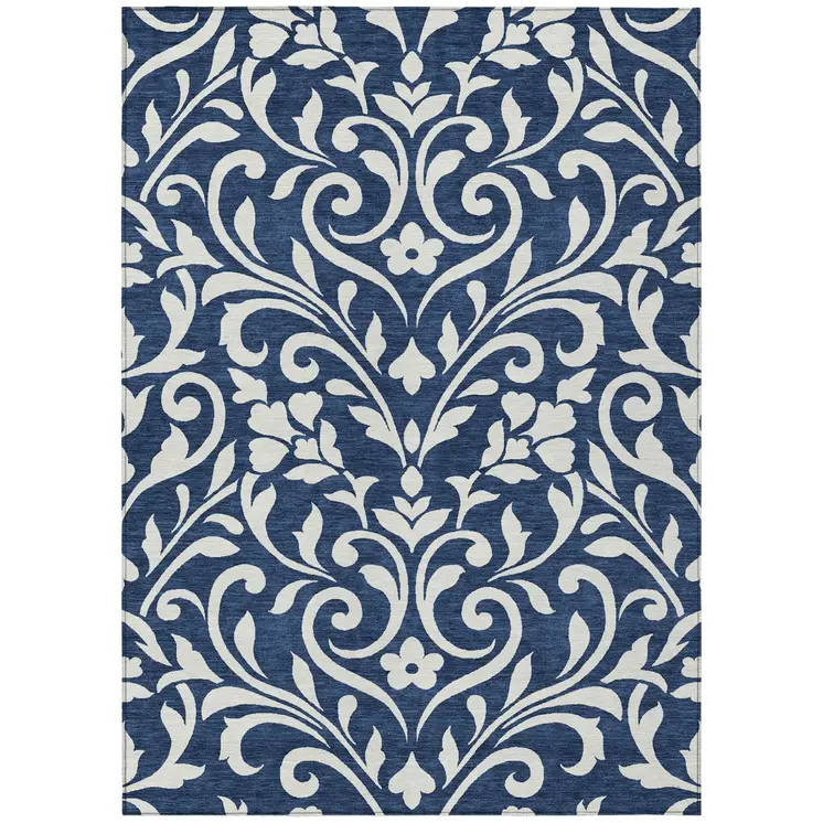 8' X 10' Navy Blue And Ivory Floral Washable Indoor Outdoor Area Rug
