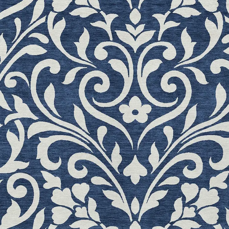 8' X 10' Navy Blue And Ivory Floral Washable Indoor Outdoor Area Rug