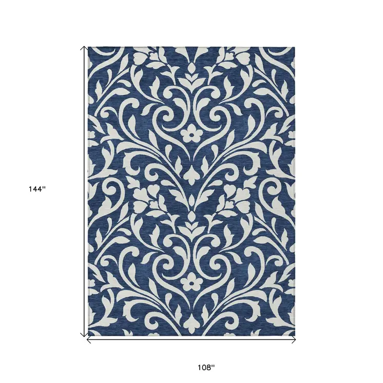 9' X 12' Navy Blue And Ivory Floral Washable Indoor Outdoor Area Rug