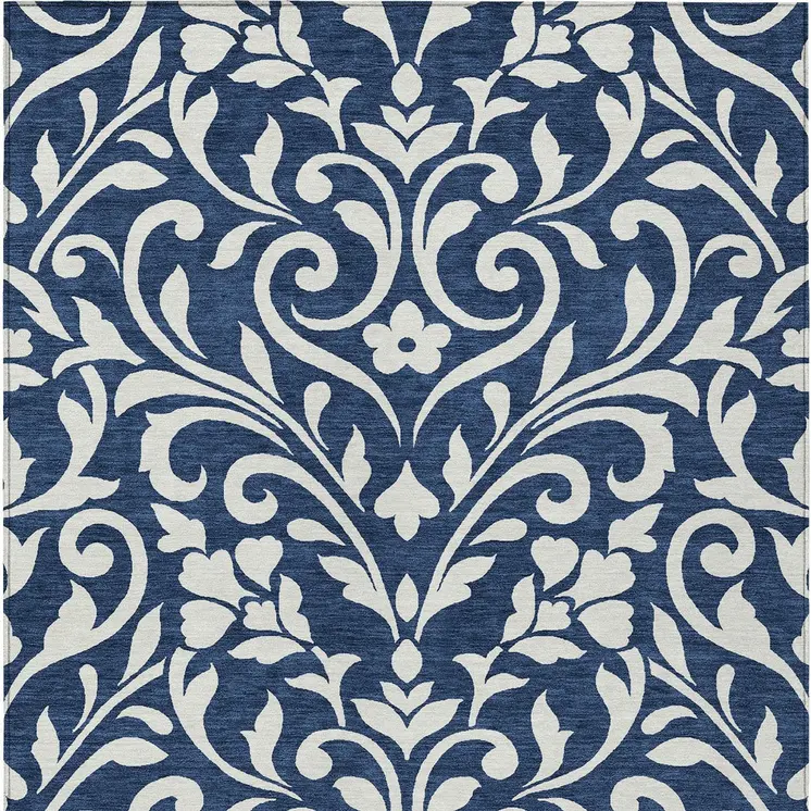 9' X 12' Navy Blue And Ivory Floral Washable Indoor Outdoor Area Rug