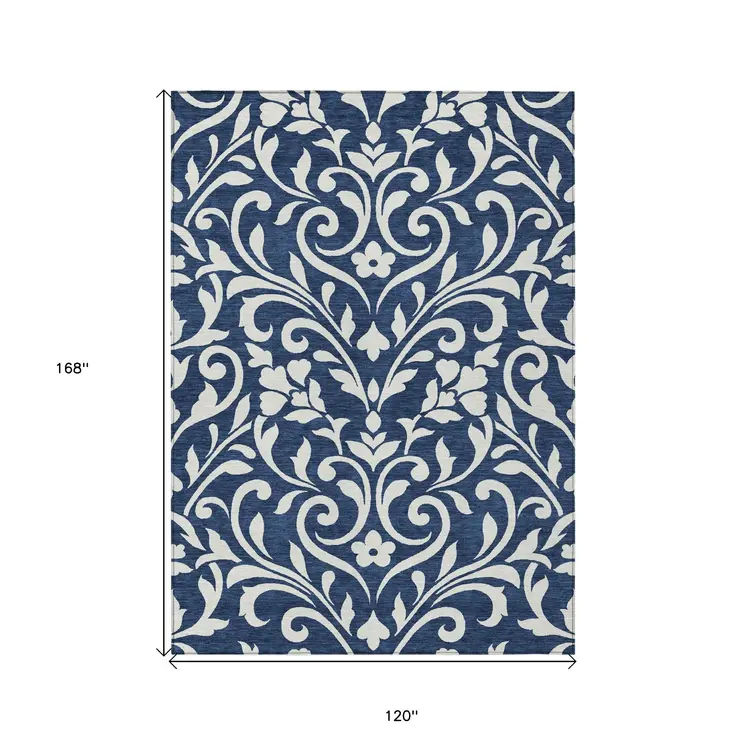 10' X 14' Navy Blue And Ivory Floral Washable Indoor Outdoor Area Rug