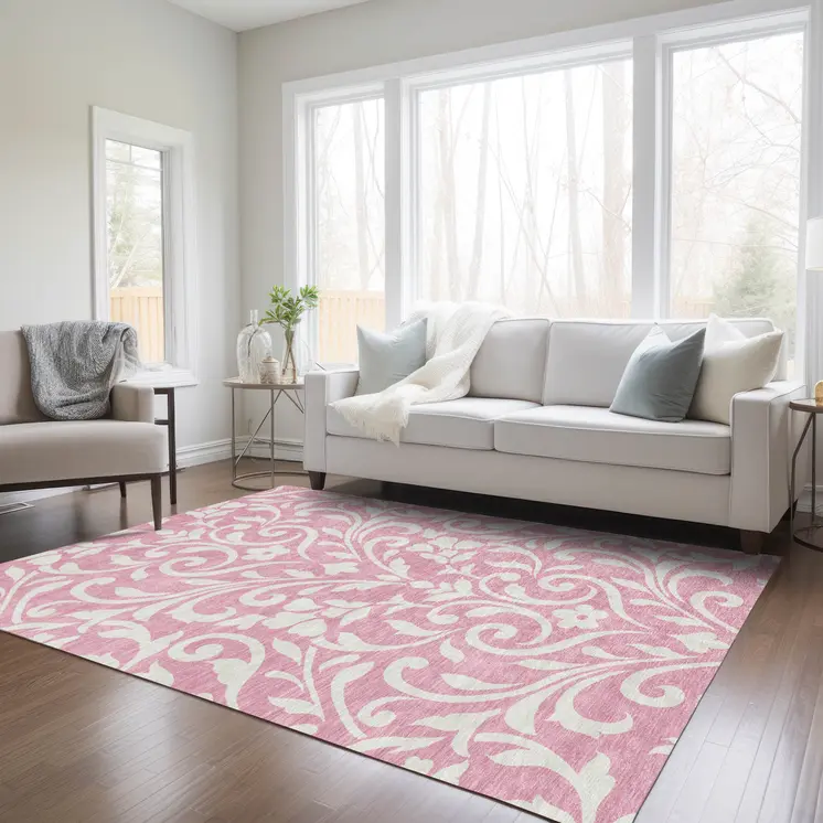 5' X 8' Pink And Ivory Floral Washable Indoor Outdoor Area Rug