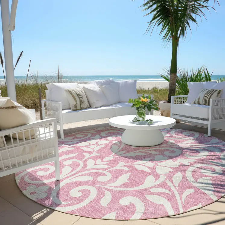 8' Pink And Ivory Round Floral Washable Indoor Outdoor Area Rug