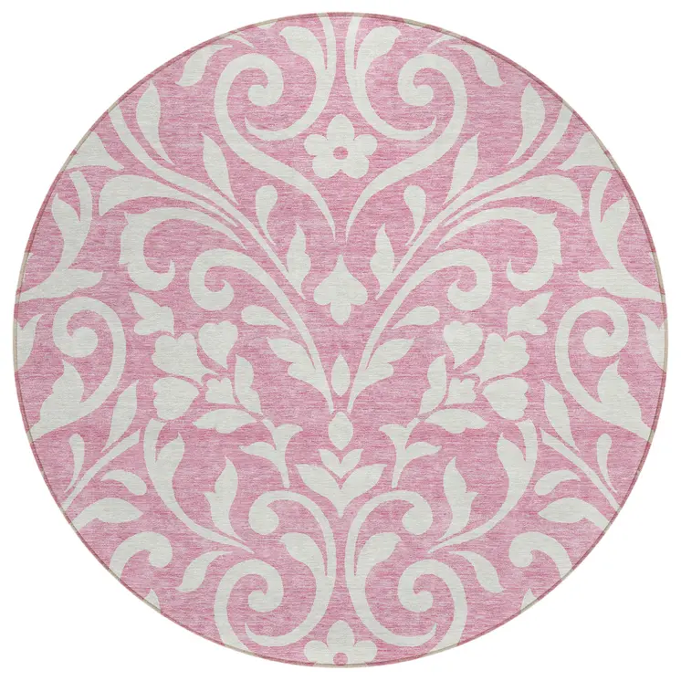 8' Pink And Ivory Round Floral Washable Indoor Outdoor Area Rug