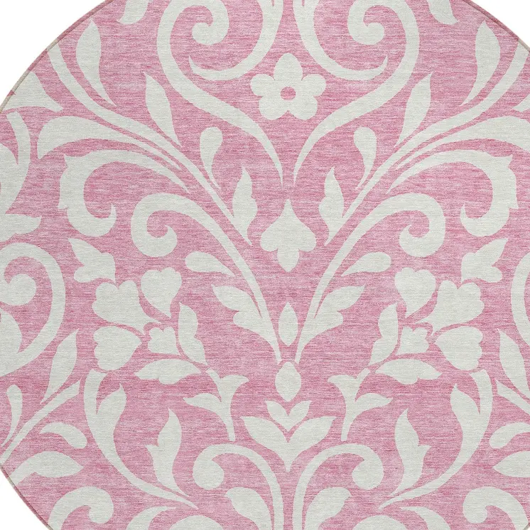 8' Pink And Ivory Round Floral Washable Indoor Outdoor Area Rug