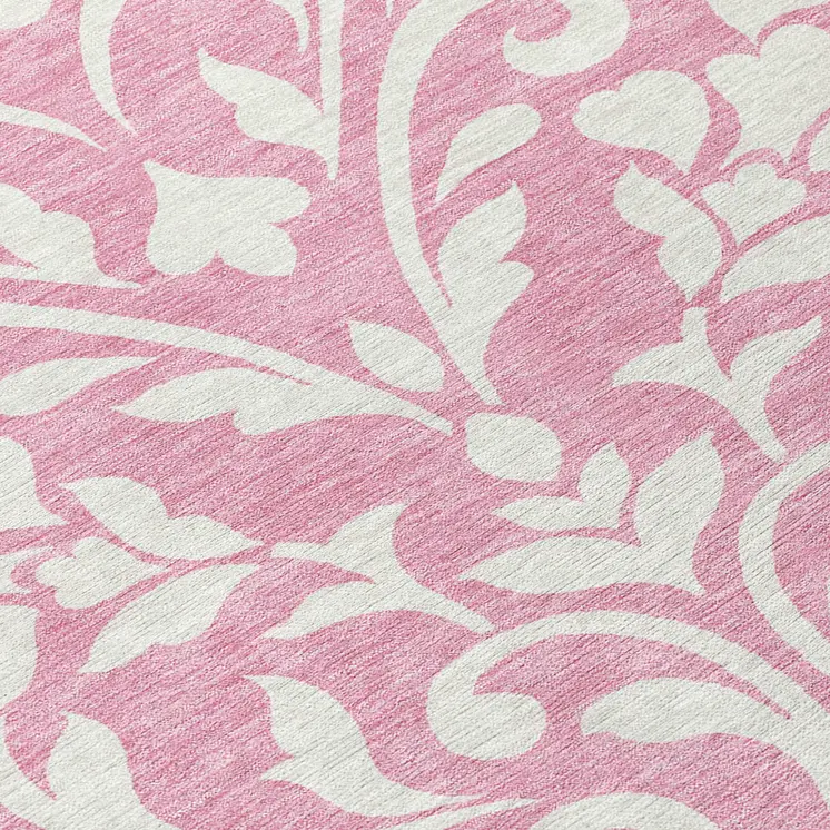 8' Pink And Ivory Round Floral Washable Indoor Outdoor Area Rug