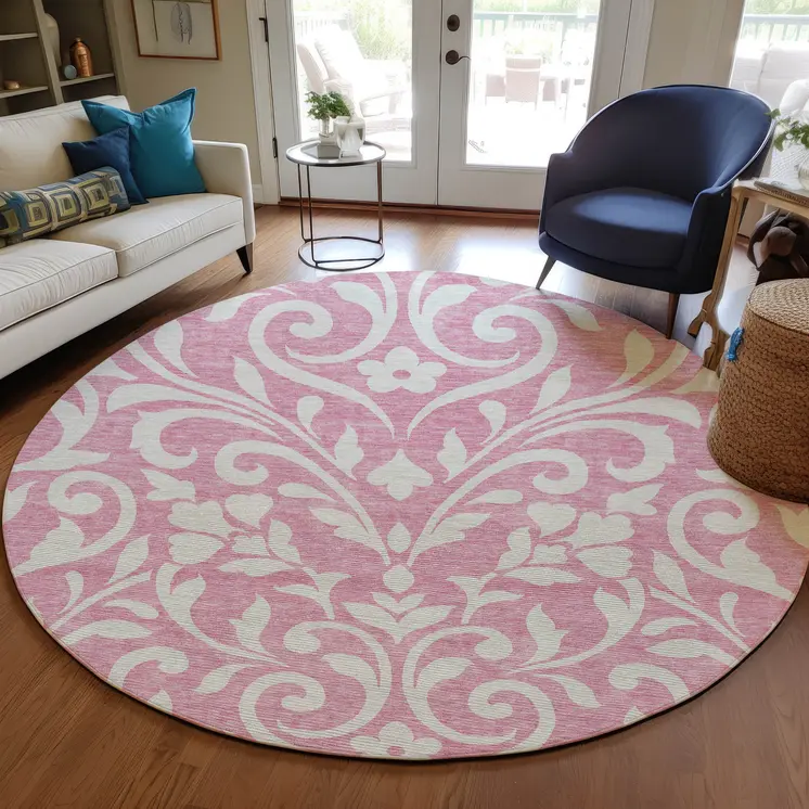 8' Pink And Ivory Round Floral Washable Indoor Outdoor Area Rug