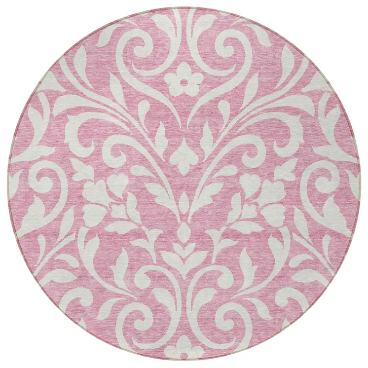 8' Pink And Ivory Round Floral Washable Indoor Outdoor Area Rug