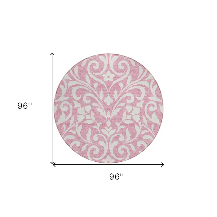 8' Pink And Ivory Round Floral Washable Indoor Outdoor Area Rug