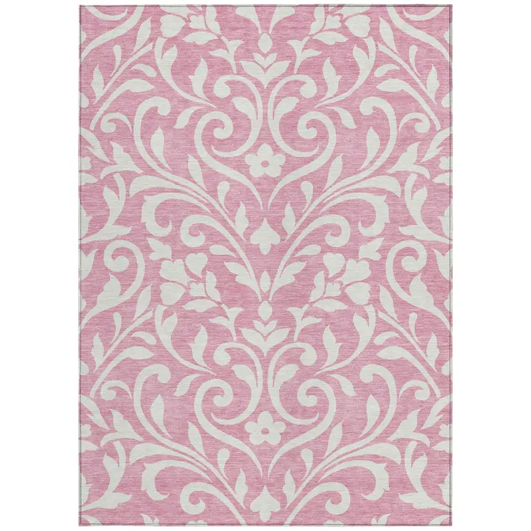 8' X 10' Pink And Ivory Floral Washable Indoor Outdoor Area Rug