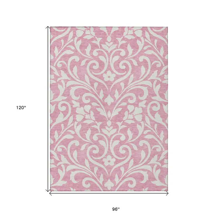 8' X 10' Pink And Ivory Floral Washable Indoor Outdoor Area Rug