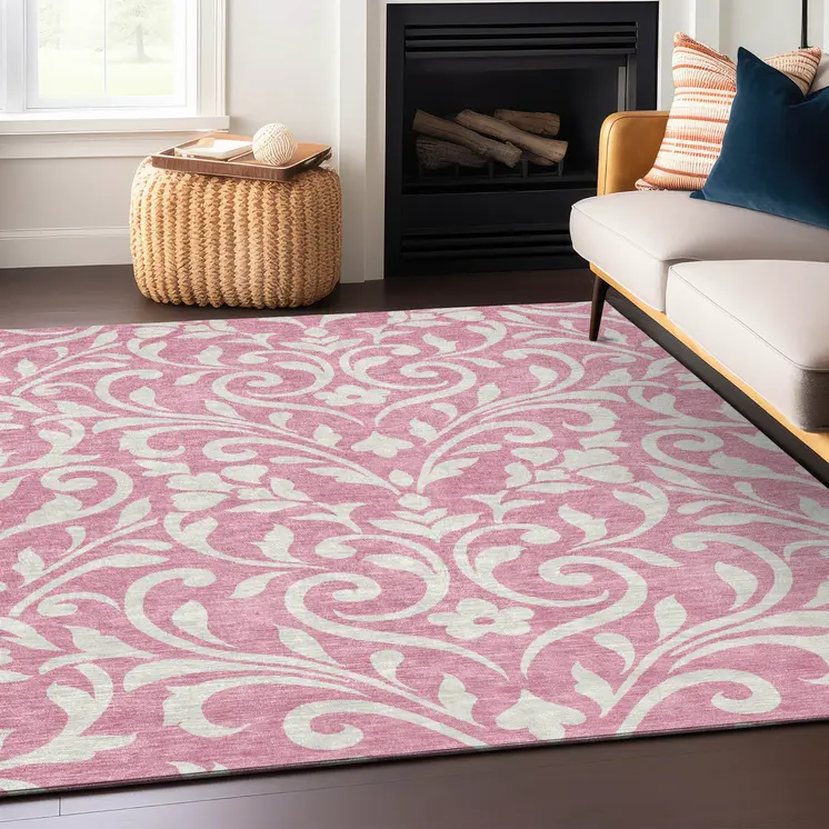 8' X 10' Pink And Ivory Floral Washable Indoor Outdoor Area Rug