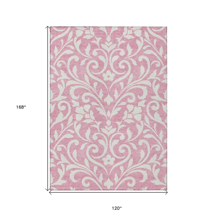 10' X 14' Pink And Ivory Floral Washable Indoor Outdoor Area Rug