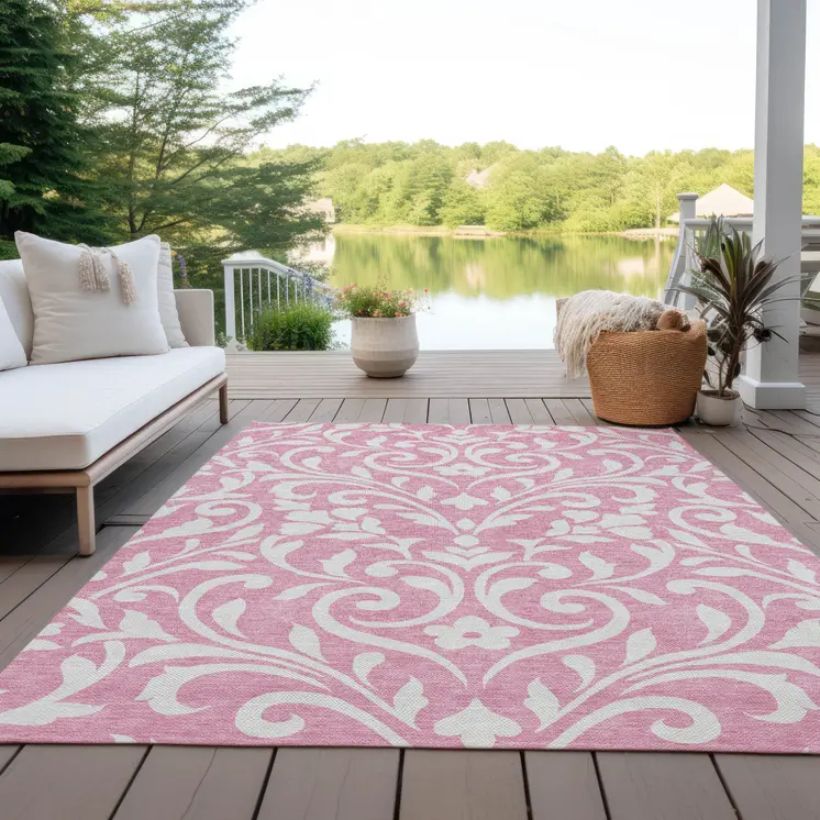 10' X 14' Pink And Ivory Floral Washable Indoor Outdoor Area Rug