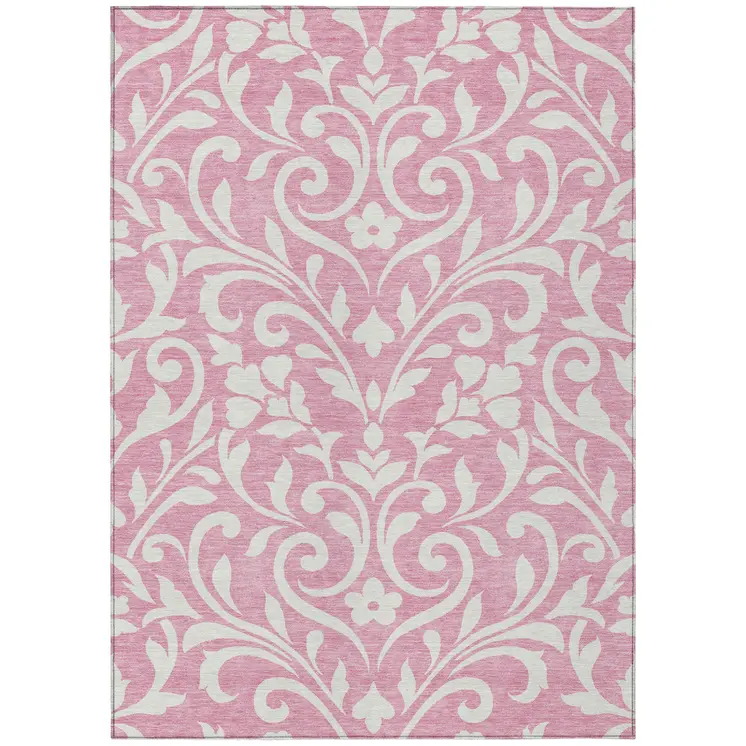 10' X 14' Pink And Ivory Floral Washable Indoor Outdoor Area Rug