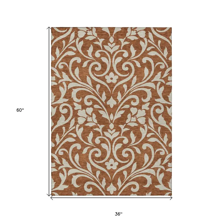 3' X 5' Brown And Beige Floral Washable Indoor Outdoor Area Rug