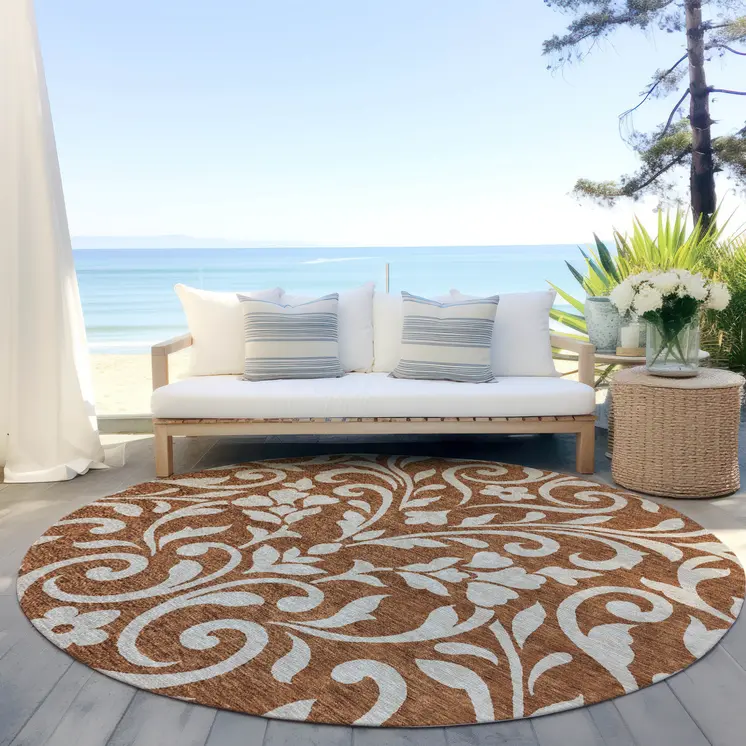 8' Brown And Beige Round Floral Washable Indoor Outdoor Area Rug