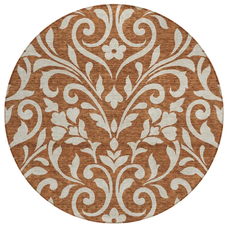 8' Brown And Beige Round Floral Washable Indoor Outdoor Area Rug