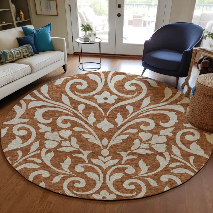 8' Brown And Beige Round Floral Washable Indoor Outdoor Area Rug