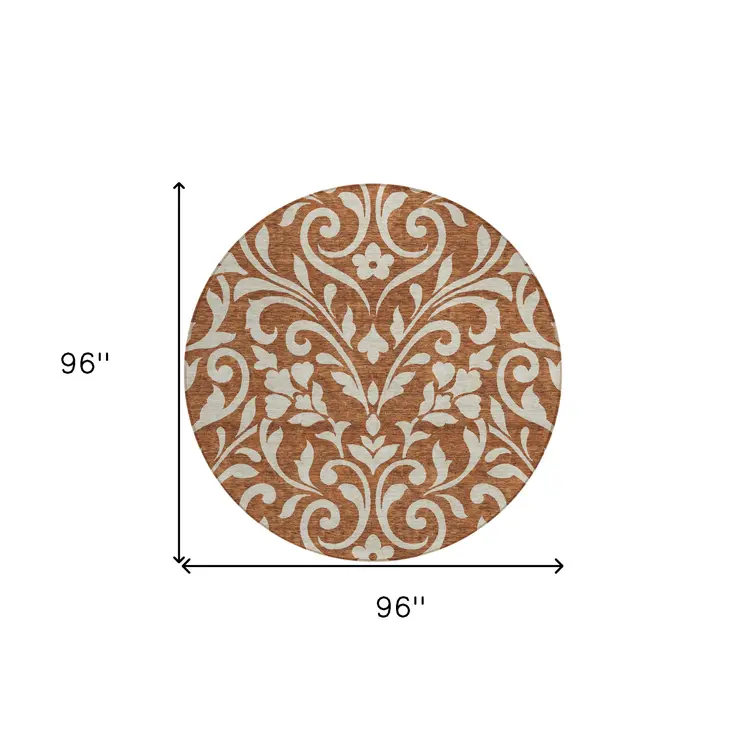 8' Brown And Beige Round Floral Washable Indoor Outdoor Area Rug