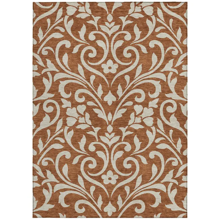 8' X 10' Brown And Beige Floral Washable Indoor Outdoor Area Rug