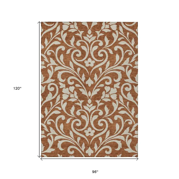 8' X 10' Brown And Beige Floral Washable Indoor Outdoor Area Rug