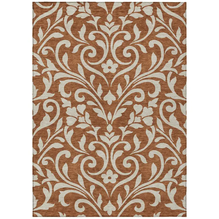 8' X 10' Brown And Beige Floral Washable Indoor Outdoor Area Rug